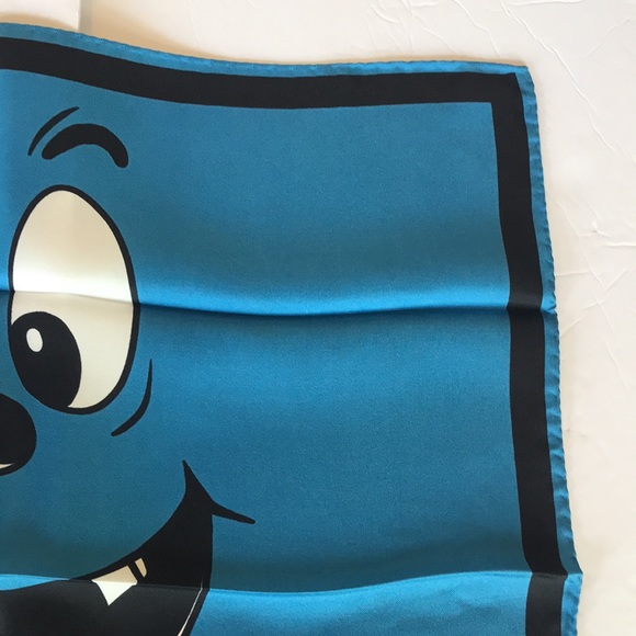 Moschino Silk Scarf Pumpkin Face Italy Blue 20x20 - Picture 6 of 10